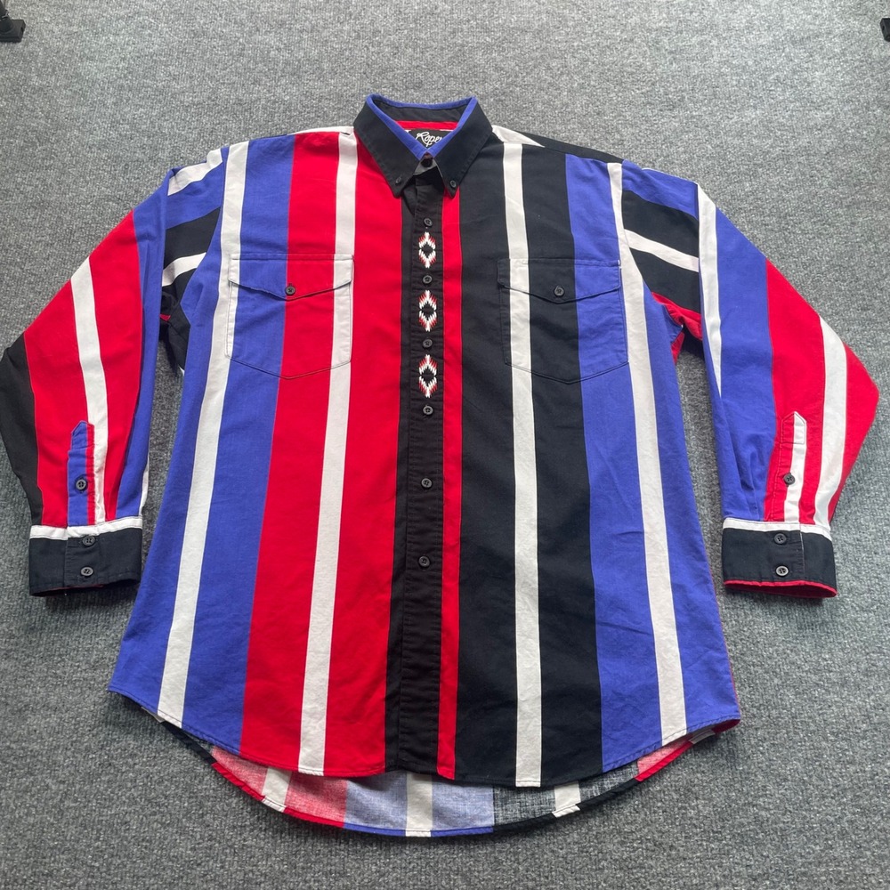 Roper Rodeo Blue Shirt Mens Large Multicolor Striped Western Southwestern USA